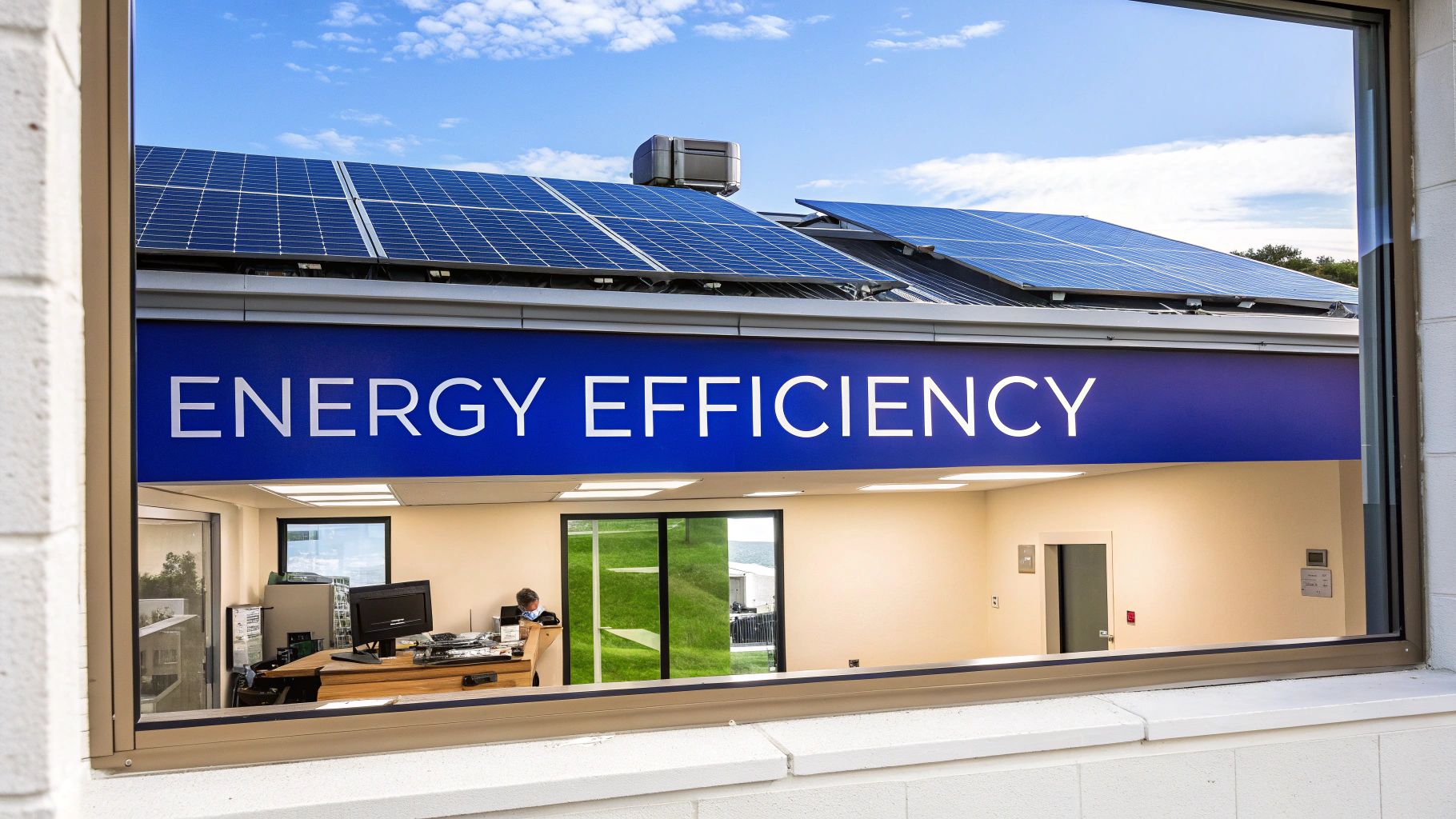 Modern office building with solar panels on roof and energy efficiency banner promoting sustainable commercial property