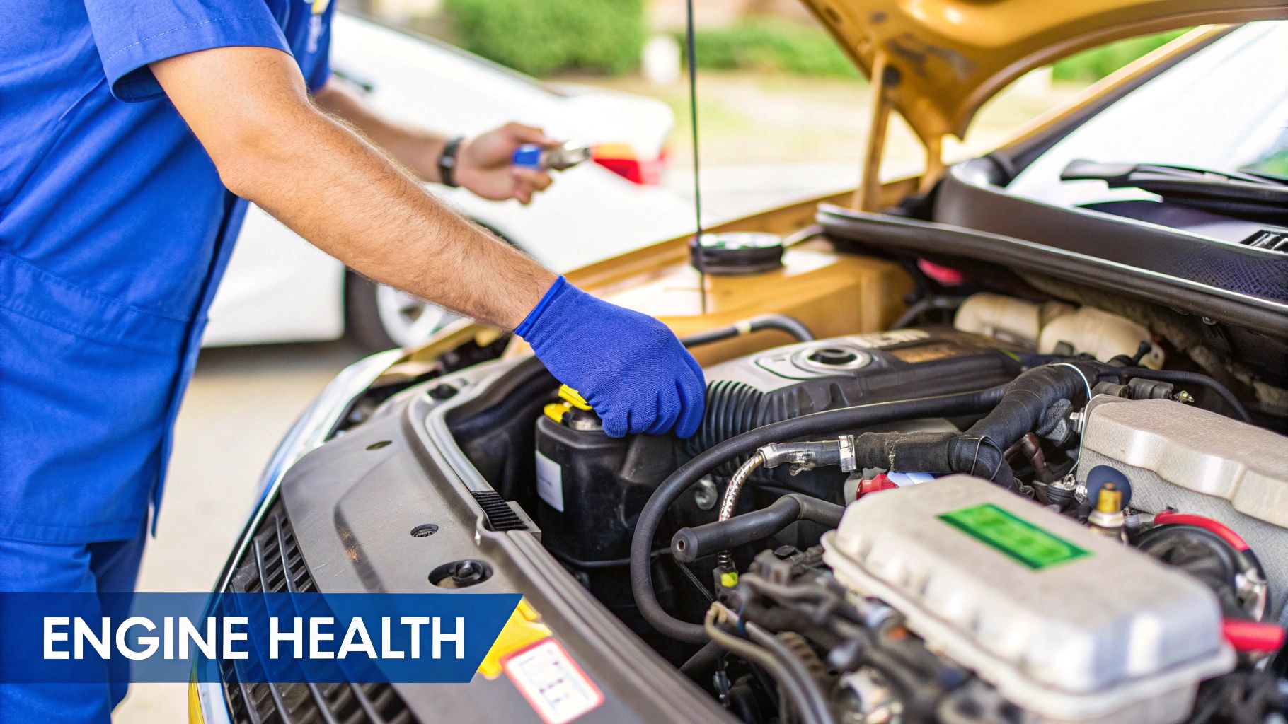 Mechanic in blue uniform performing engine health inspection under car hood with oil