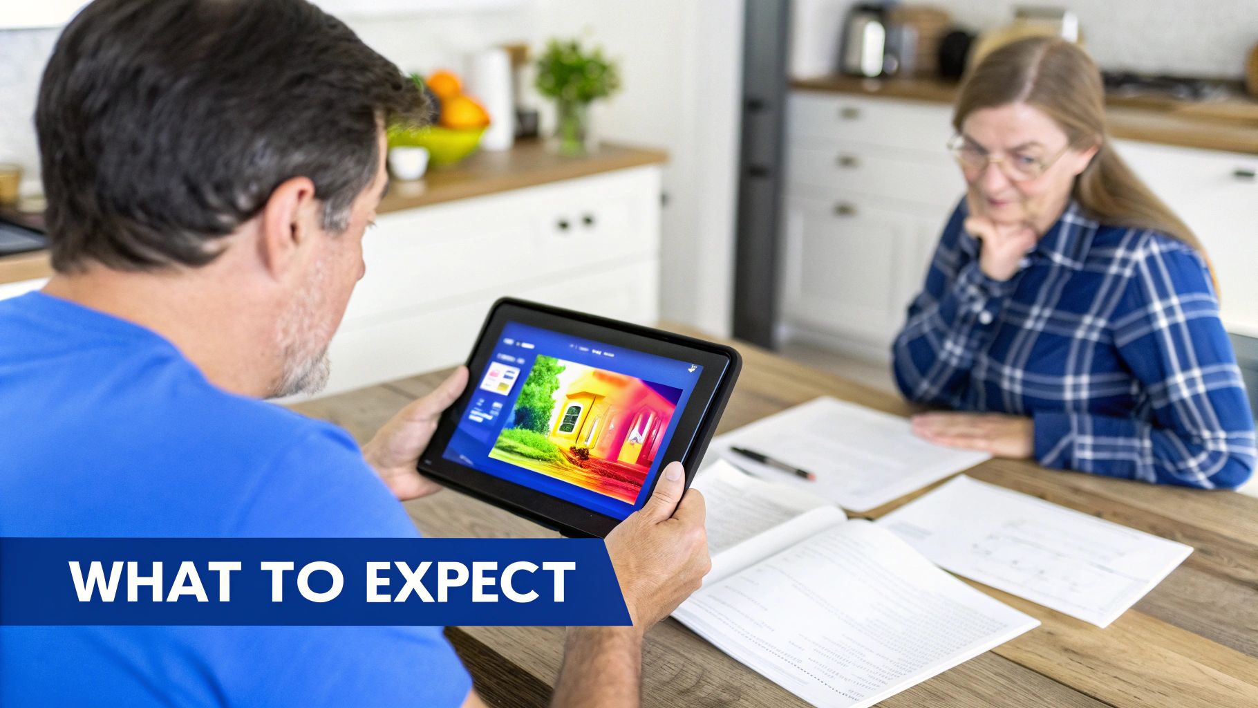 Couple reviewing home thermal imaging results on a tablet at their kitchen table.