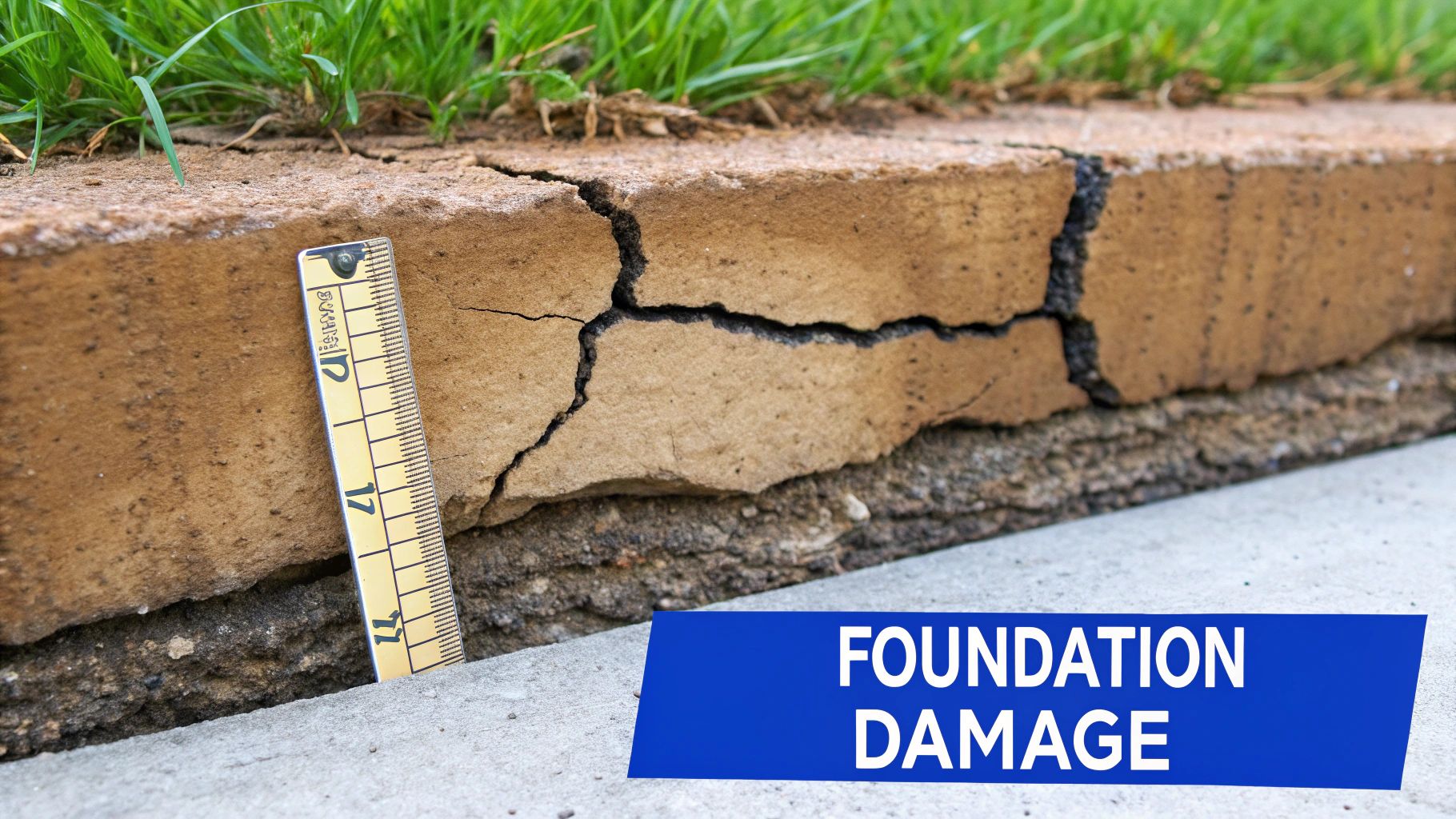 A ruler measures a large, deep crack in a building's foundation, indicating severe structural damage.