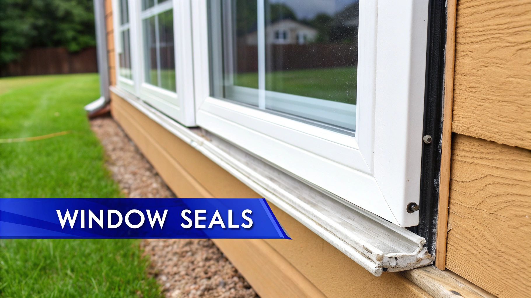 Detailed view of modern house window seals, white frame, and textured tan exterior siding.