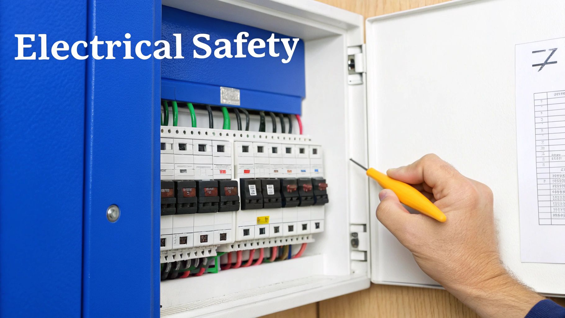 A person's hand holding a yellow screwdriver near an open electrical panel, emphasizing electrical safety.
