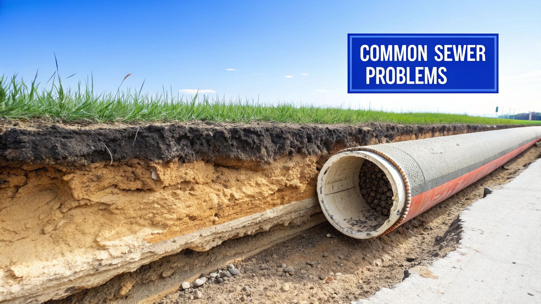 An excavated trench showing soil layers, green grass, and a large pipe, with a blue sign reading 'COMMON SEWER PROBLEMS' under a clear sky.