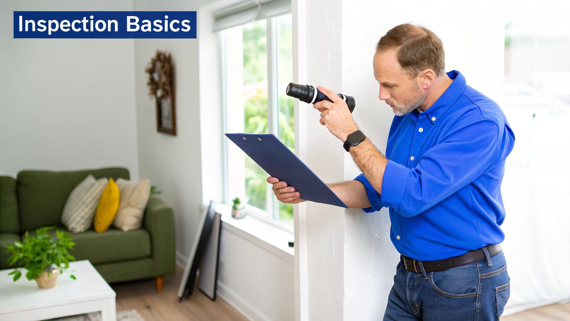 A male home inspector in a blue shirt uses a specialized tool and clipboard to examine a room.