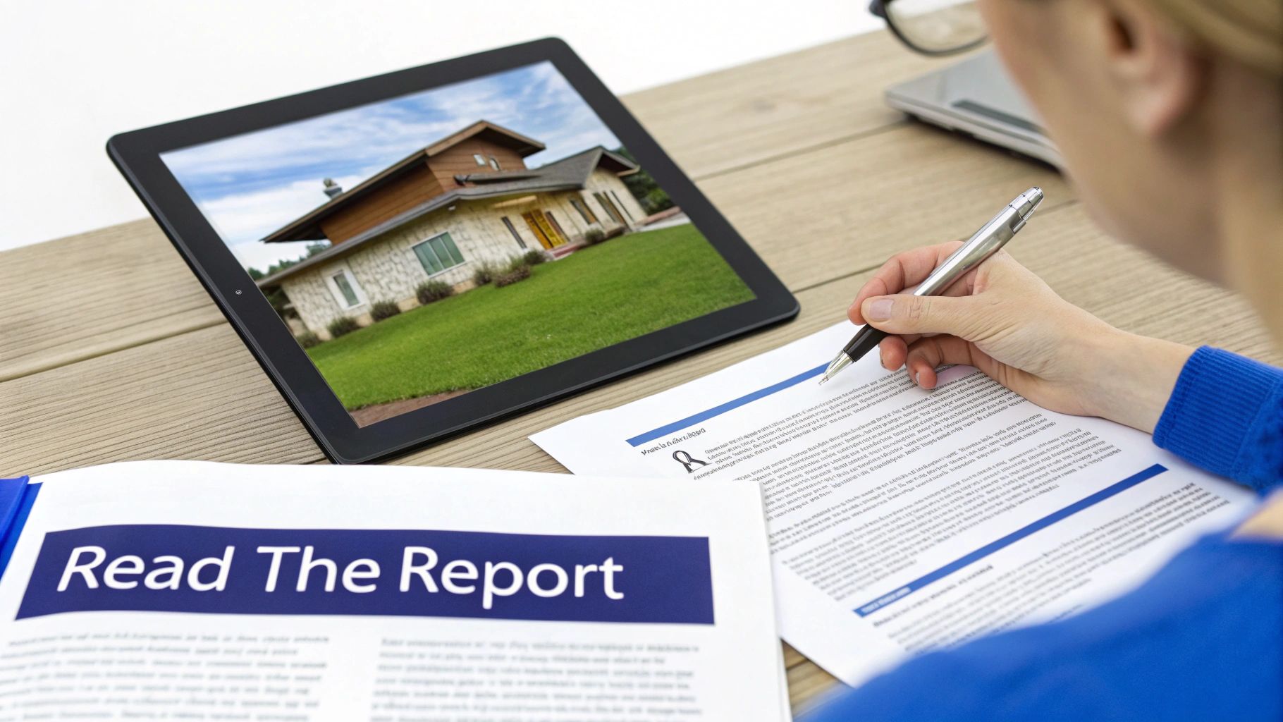 A person reviews home inspection documents with a pen, a tablet showing a house, and a report.