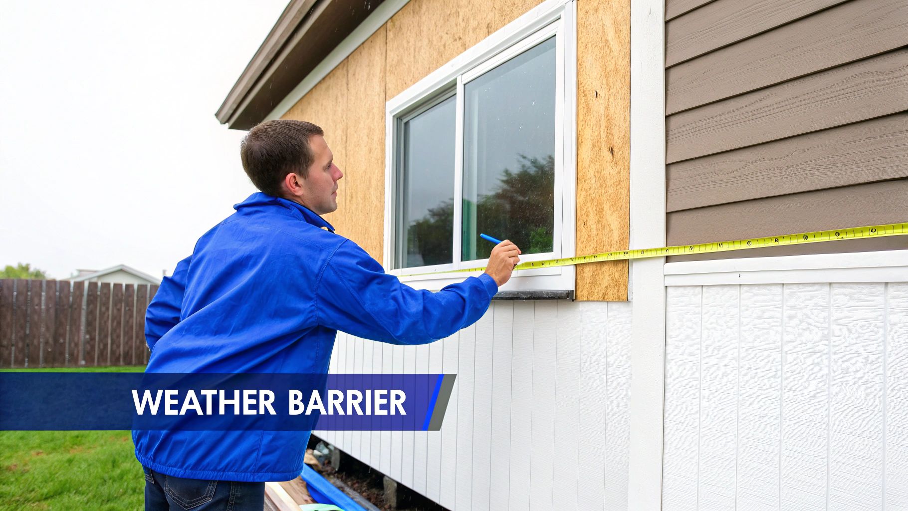 A contractor measures the exterior of a house window, preparing for construction or weatherproofing.