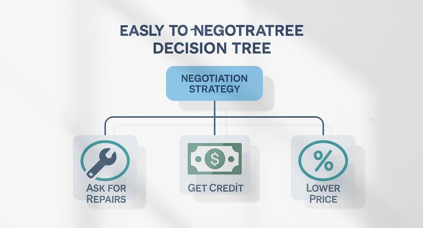 Decision tree flowchart showing three negotiation strategies after home inspection: ask for repairs, get credit, or lower price