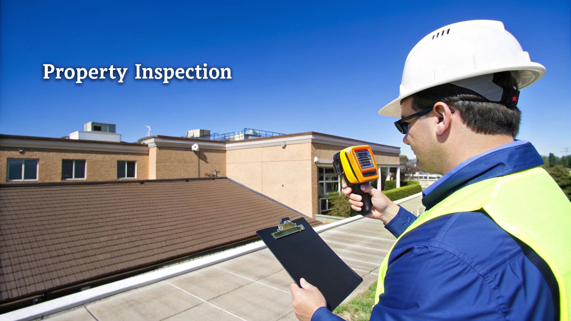 Inspector on a commercial building roof performing a property inspection with a thermal camera and clipboard.