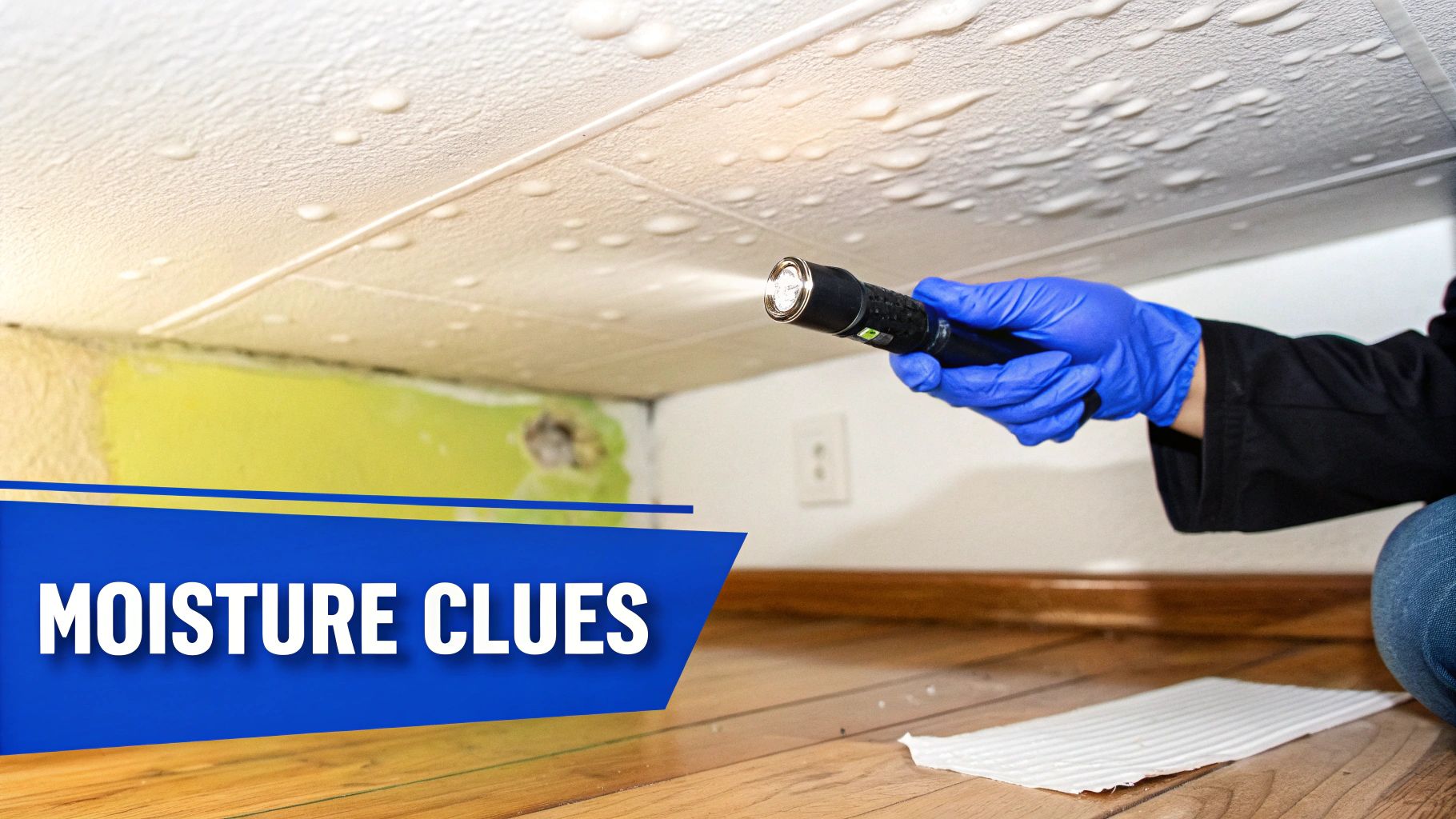 Close-up of a person inspecting a damp area with a flashlight, revealing water damage and potential mold.
