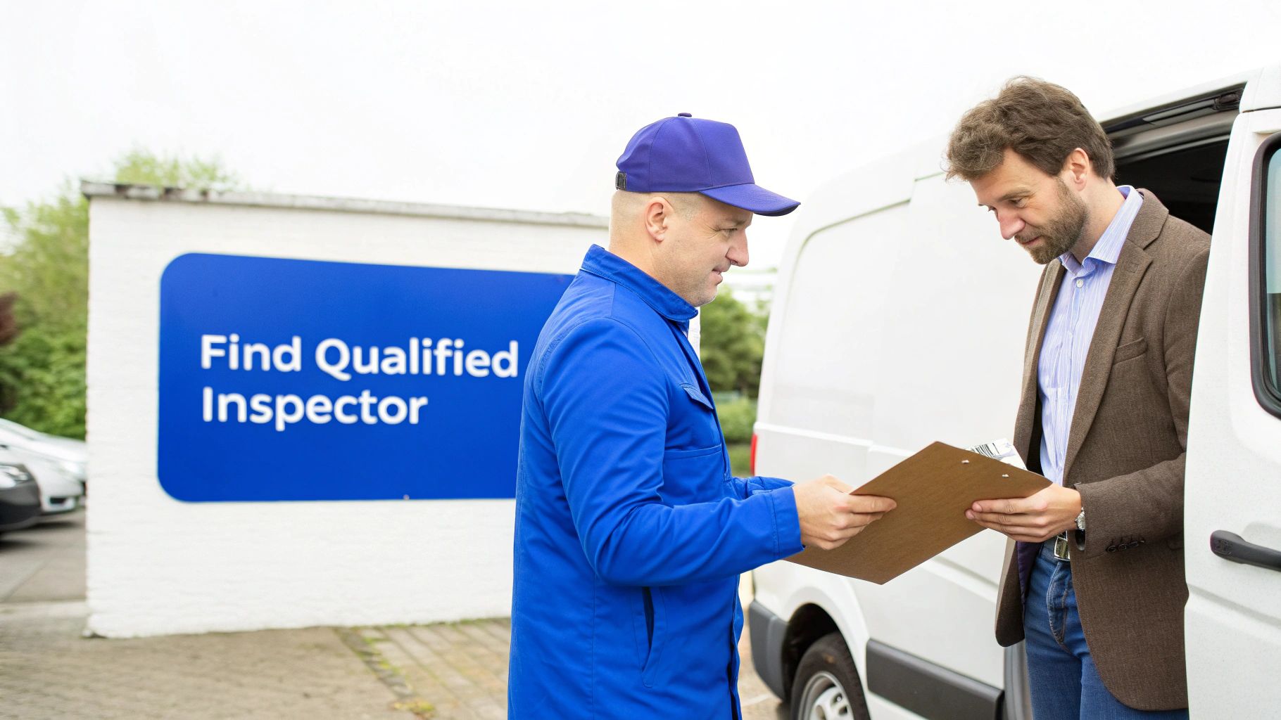 A qualified inspector discusses documents on a clipboard with a client by a service van.