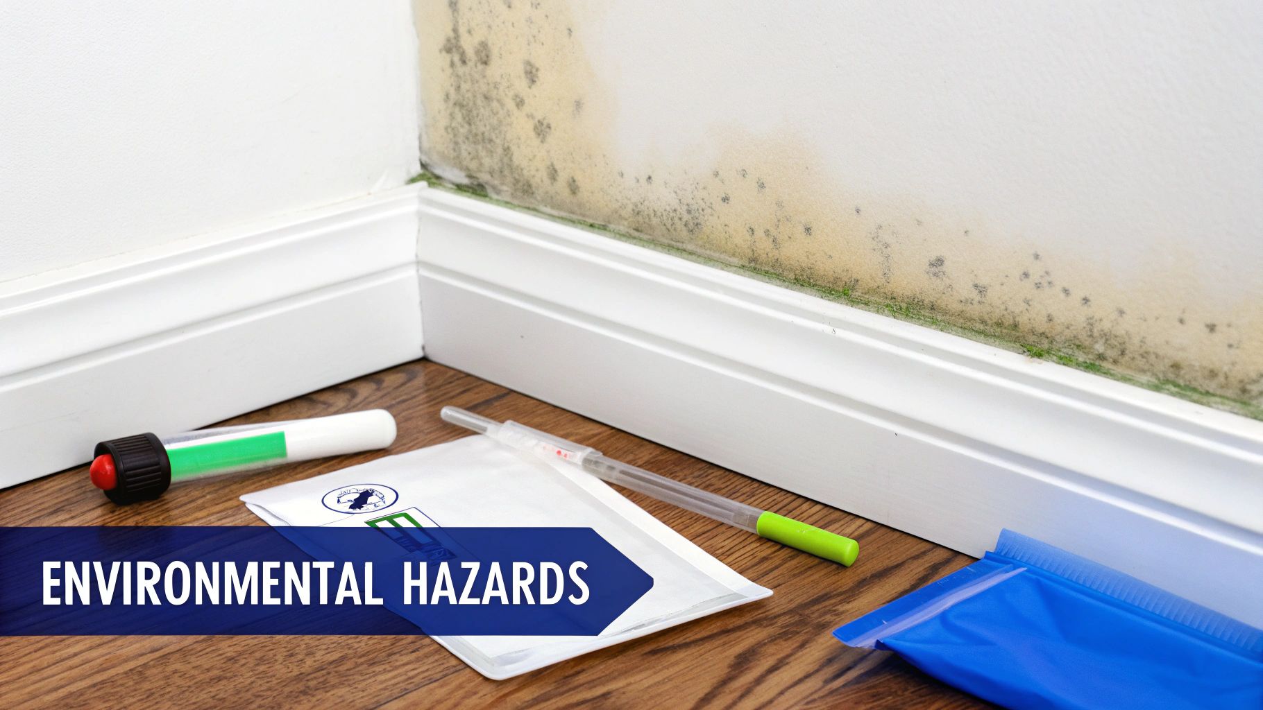 A room corner showing severe mold growth on white walls above baseboards, with environmental testing tools.