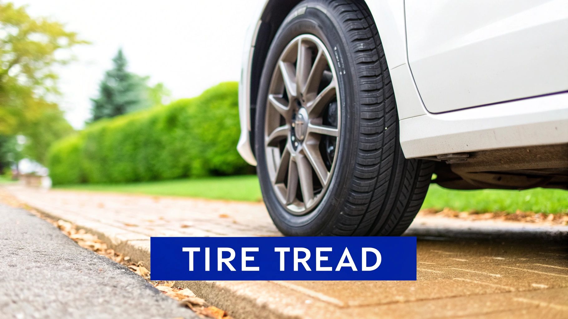 Close-up view of car tire tread on white vehicle parked on residential street