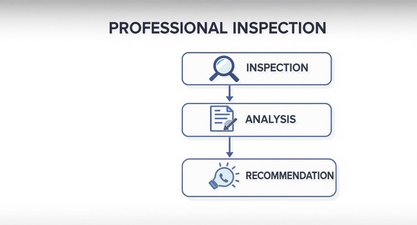 Flowchart illustrating the professional inspection process with steps for inspection, analysis, and recommendation.