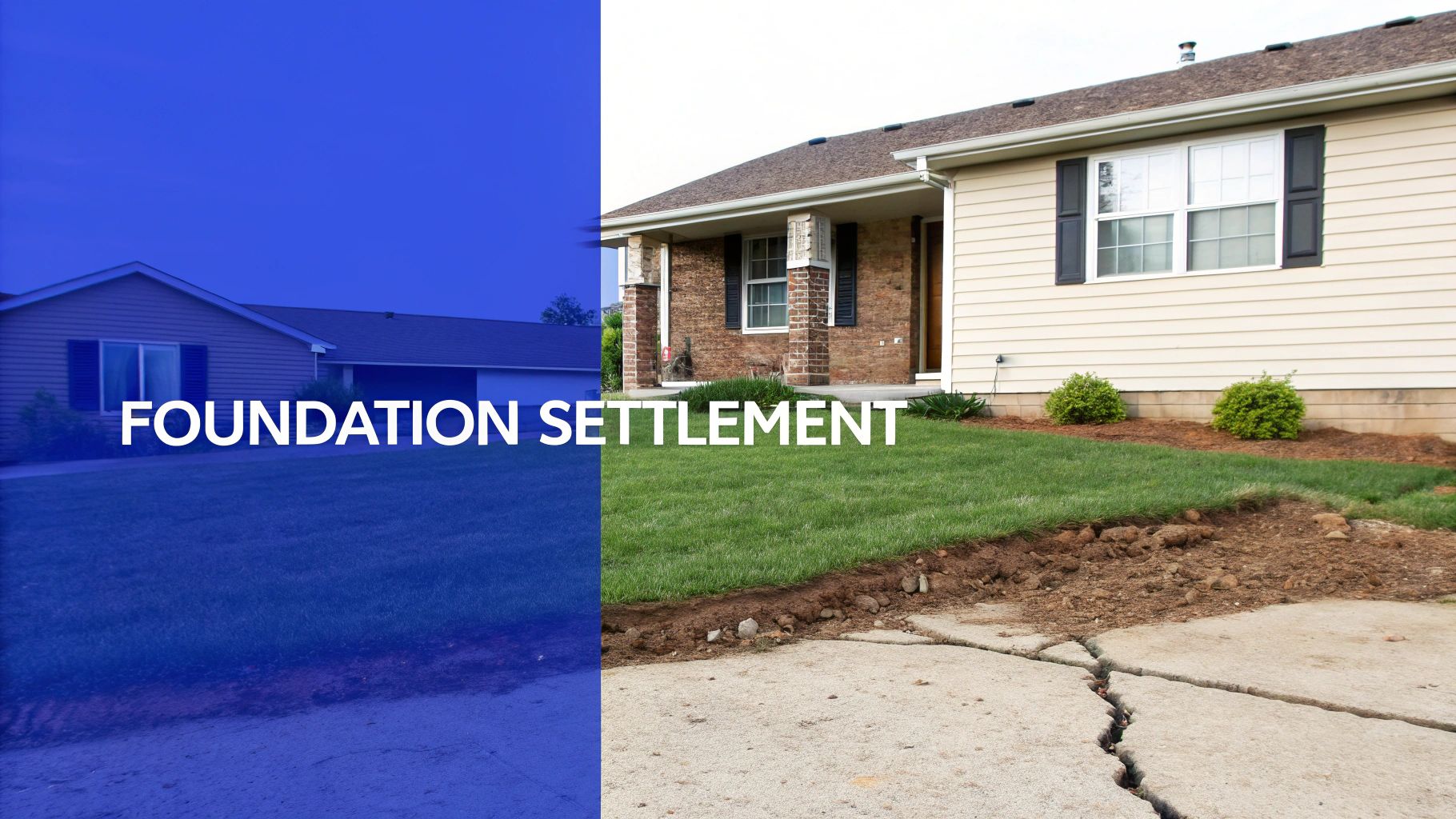 Split image showing a house with 'FOUNDATION SETTLEMENT' text, next to a house with a cracked driveway.