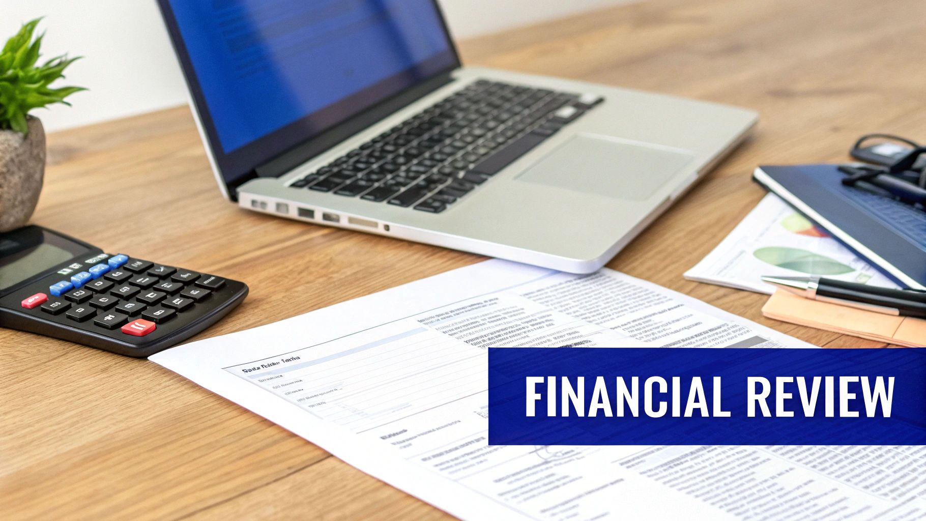 A desk with a laptop, calculator, documents, and a plant, with a "FINANCIAL REVIEW" text overlay.