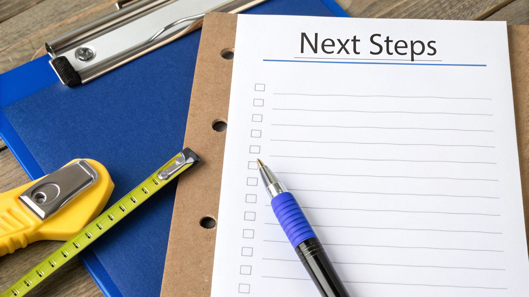 A 'Next Steps' checklist on a clipboard with a pen, tape measure, and folder on a wooden desk.