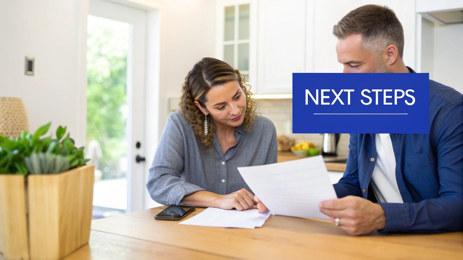 Couple reviewing home inspection documents together at kitchen table planning negotiation next steps