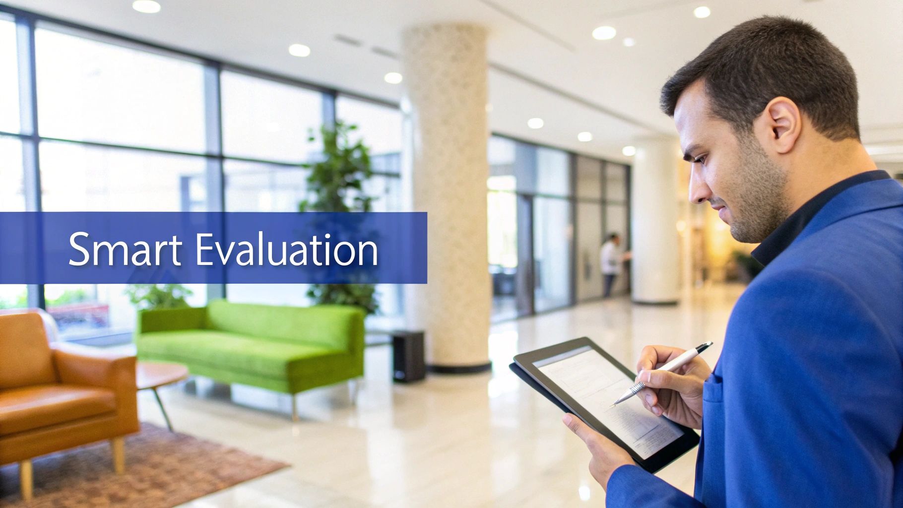 A man in a blue suit uses a tablet with a stylus, performing a smart evaluation.