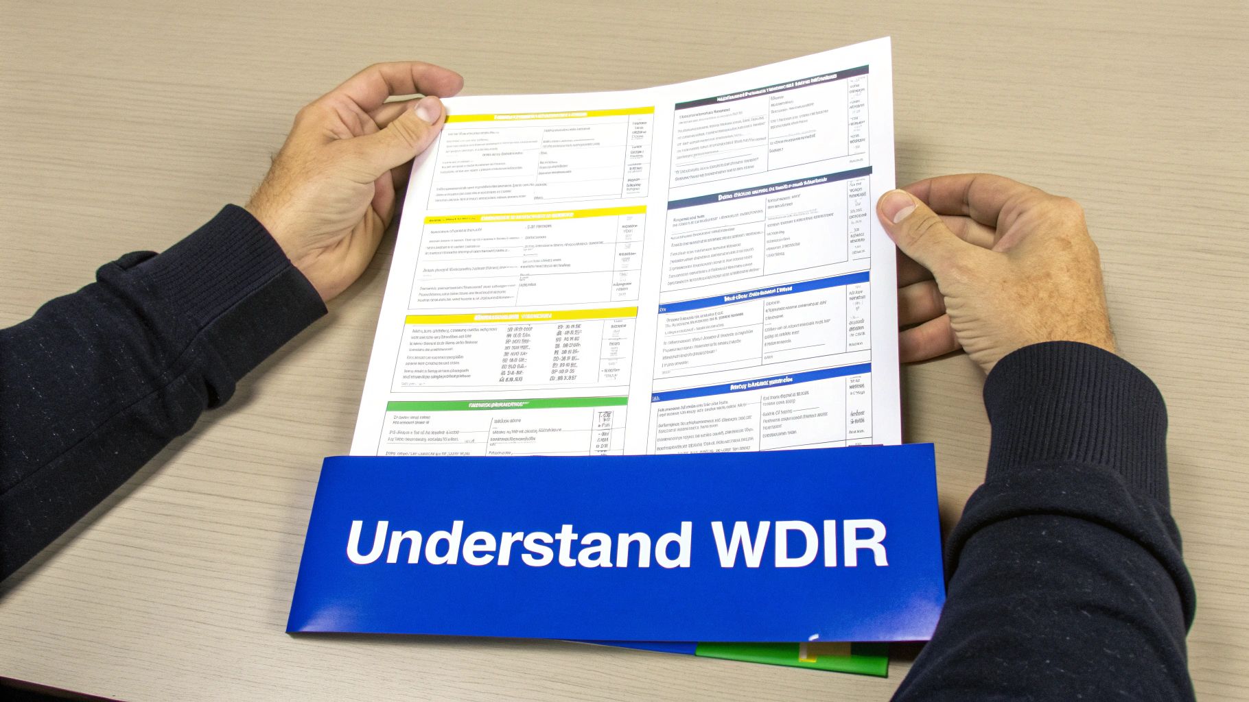 Person holding WDIR pest inspection documentation with highlighted sections over blue banner on desk