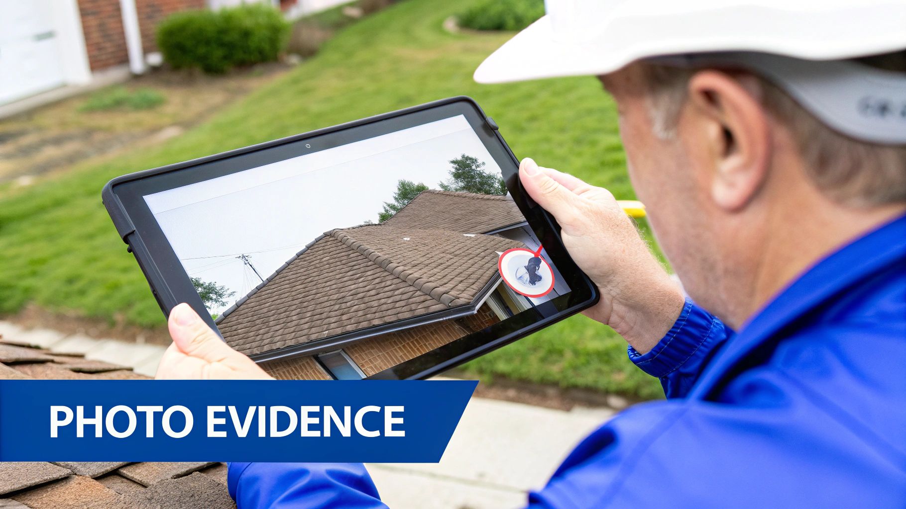 Inspector in hard hat reviews roof damage photos on a tablet, documenting home inspection evidence.