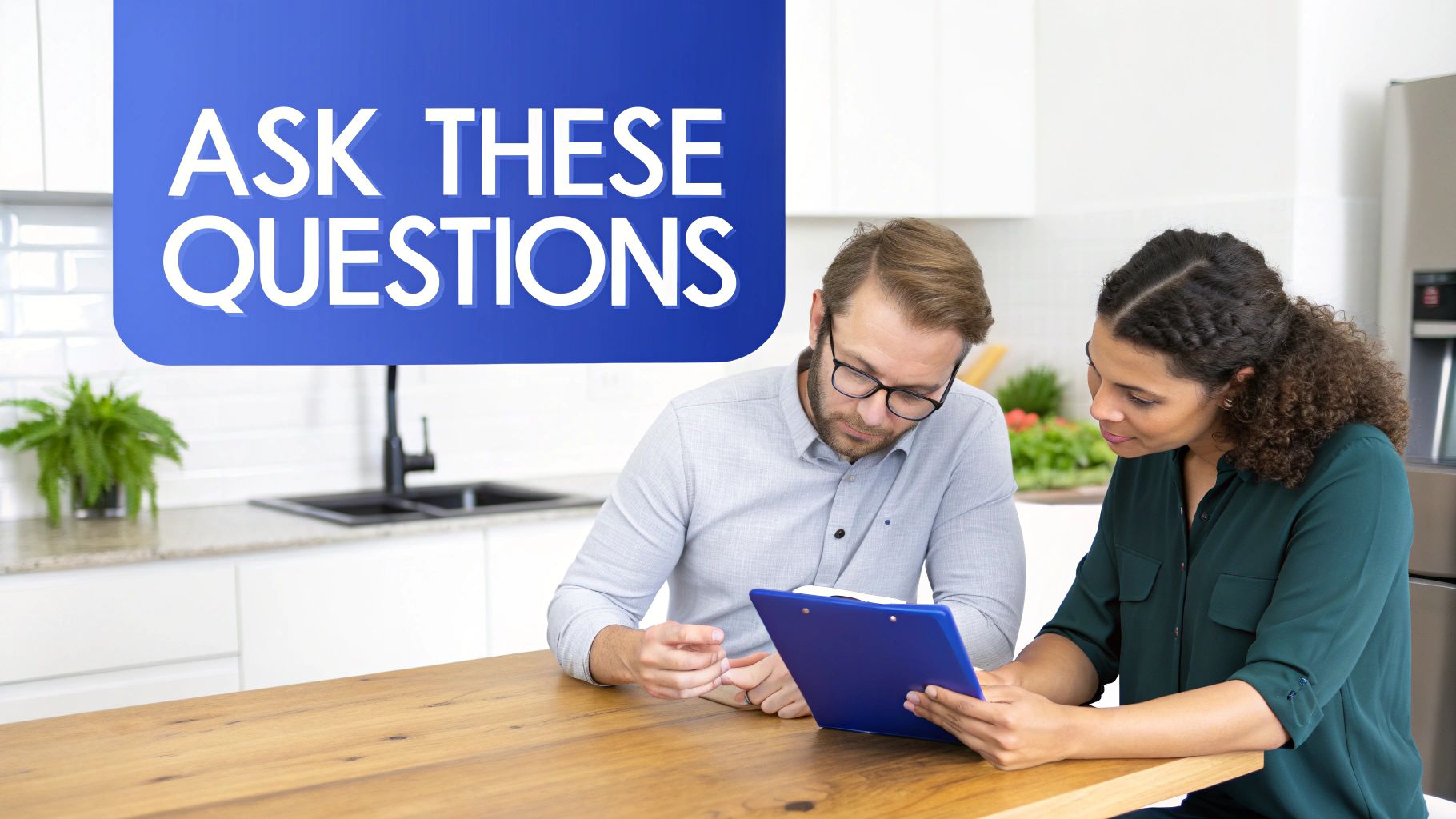 Professional home inspector and client reviewing inspection checklist together on digital tablet in modern kitchen