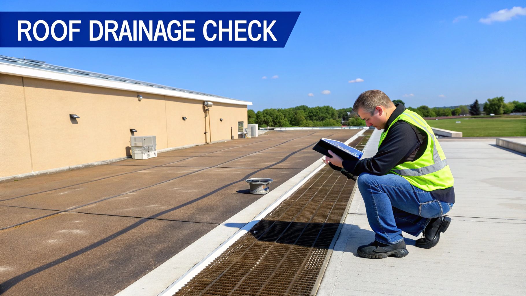 A man in a safety vest inspects a commercial building's roof drainage system with a clipboard.