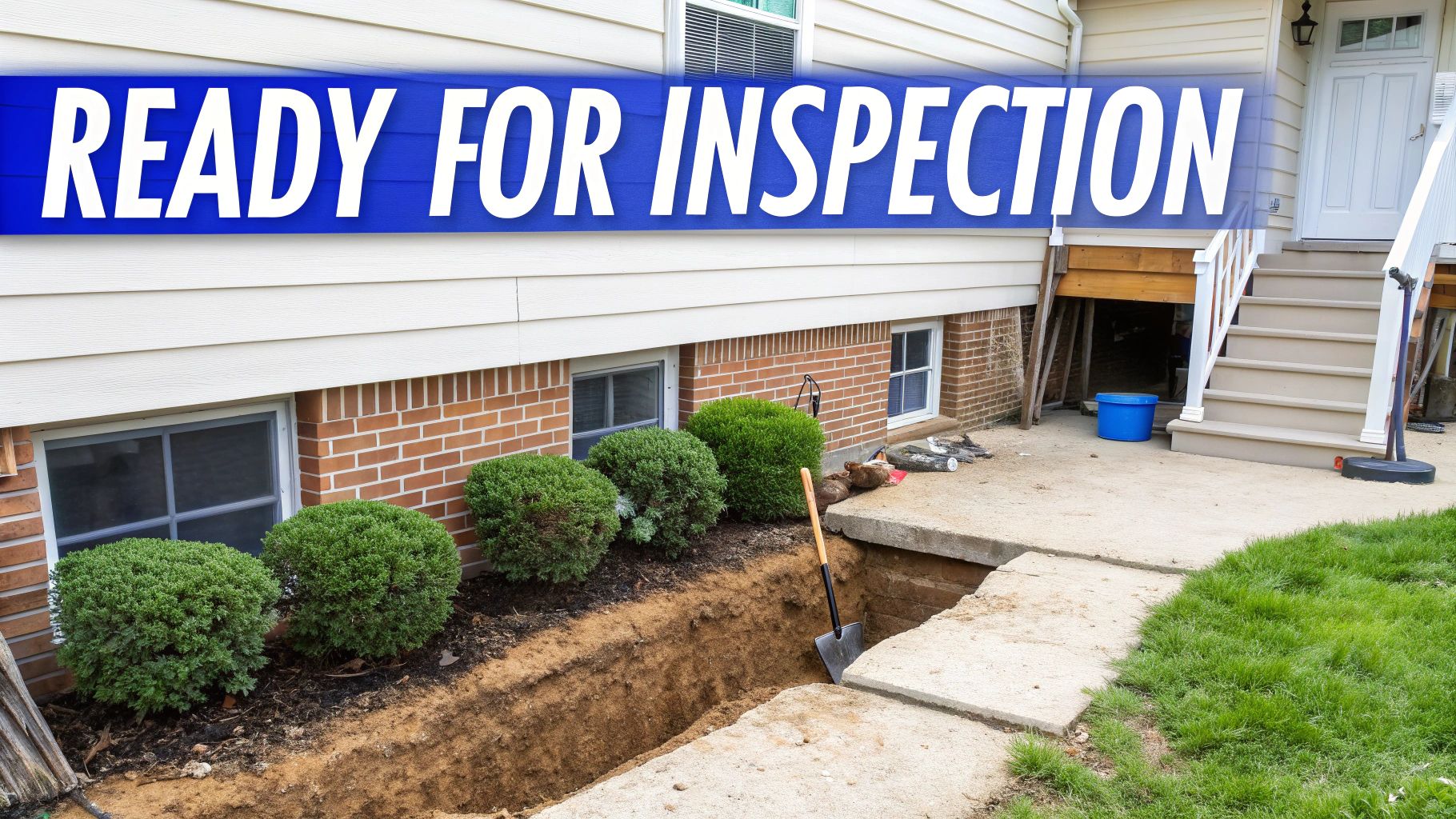 A house foundation with an excavated trench, a shovel, and a blue bucket, ready for inspection.
