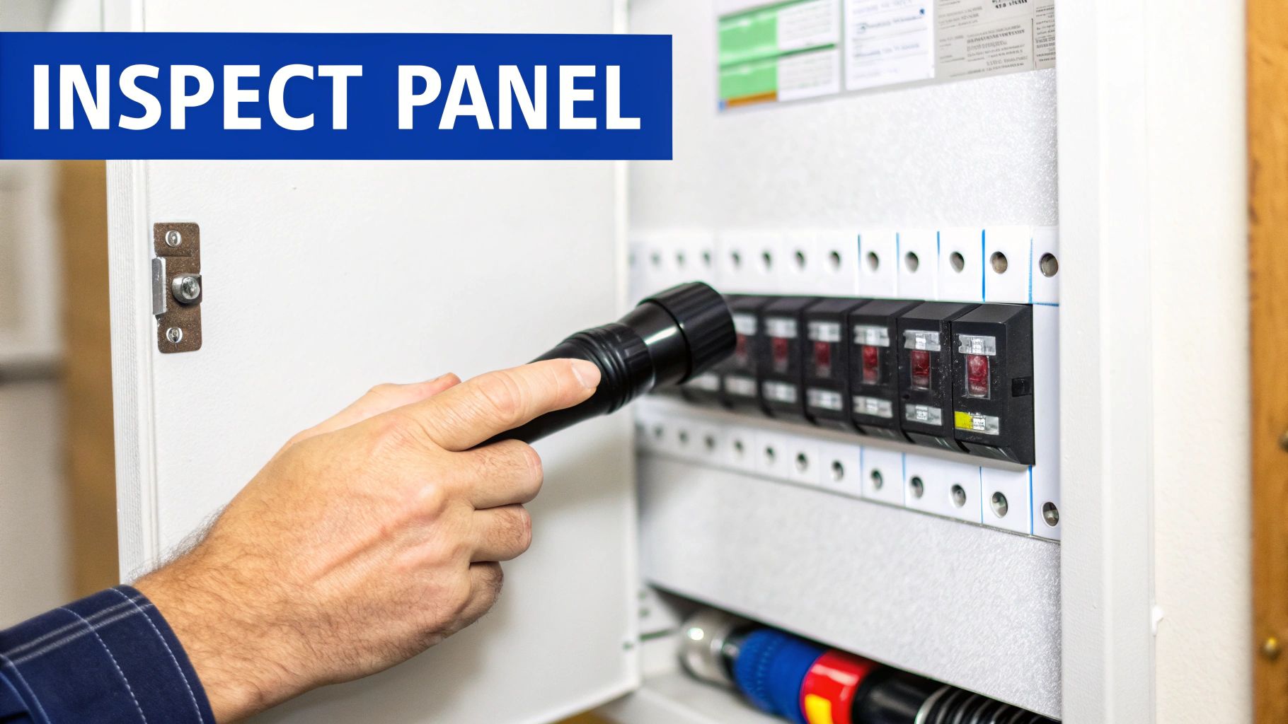 A hand holding a flashlight inspects circuit breakers inside an open electrical panel.