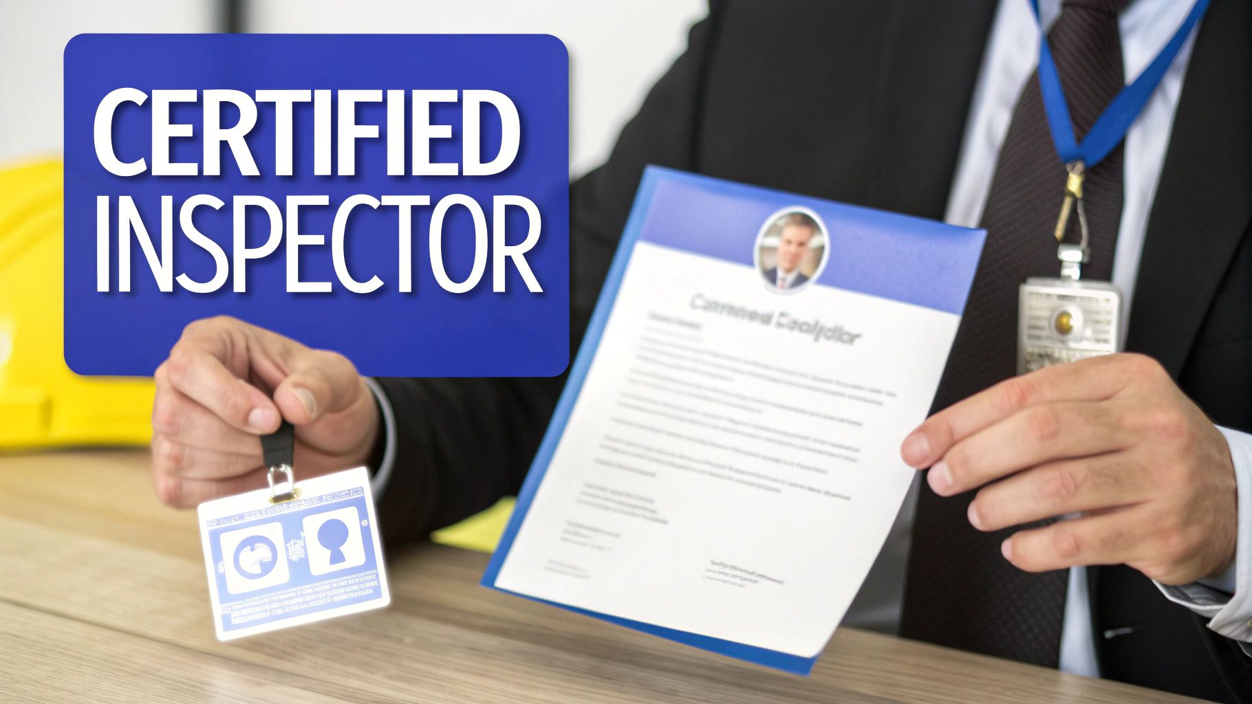 Certified home inspector in suit holding credentials and identification badge showing professional certification