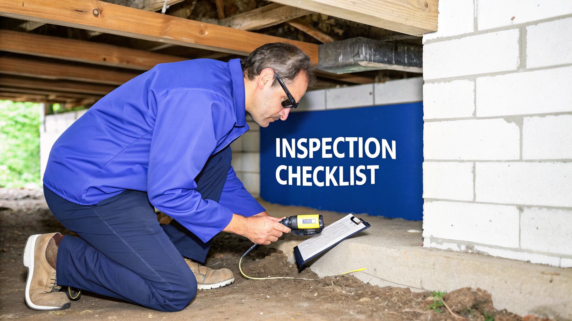 A man performing a home inspection in a crawl space, holding an inspection tool and clipboard near an 'INSPECTION CHECKLIST' sign.