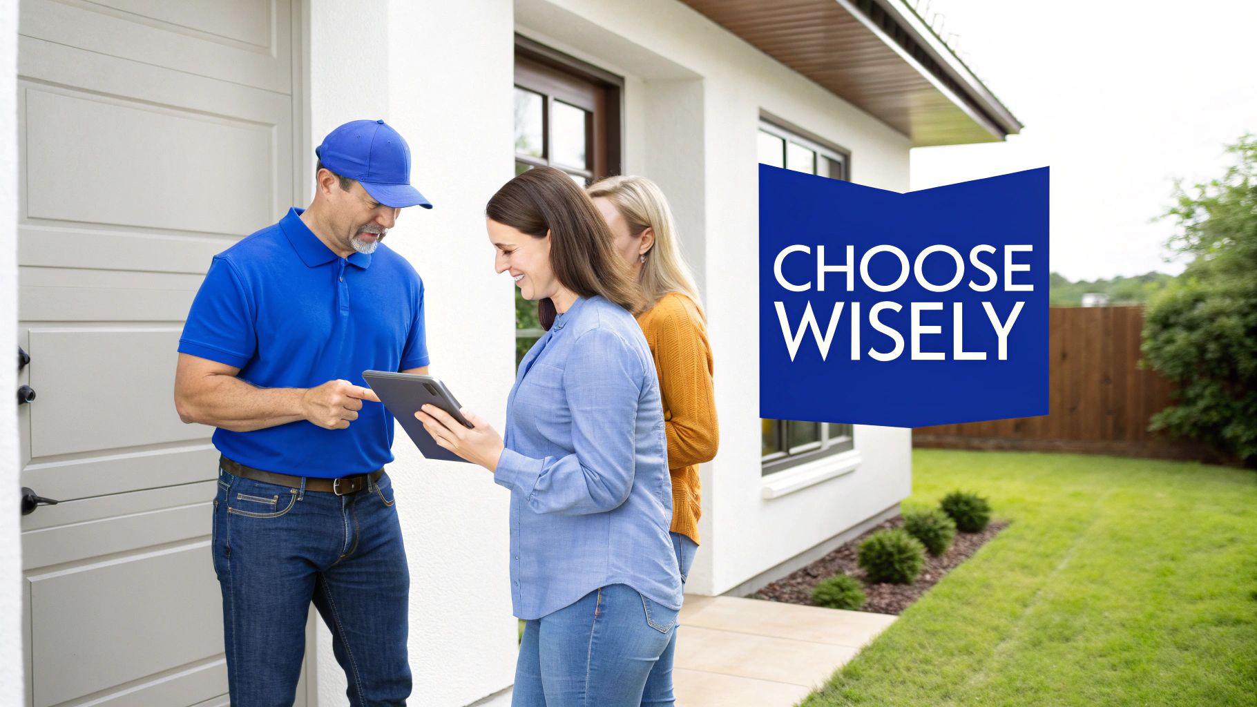 Home inspector in blue uniform consulting with homeowners using tablet outside modern house