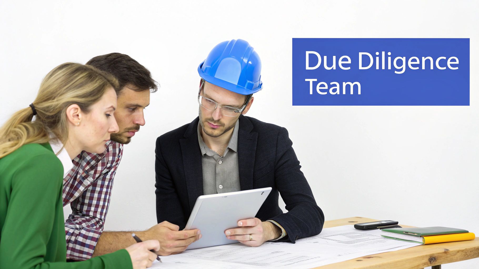 A 'Due Diligence Team' of professionals reviews documents and a tablet on a desk.