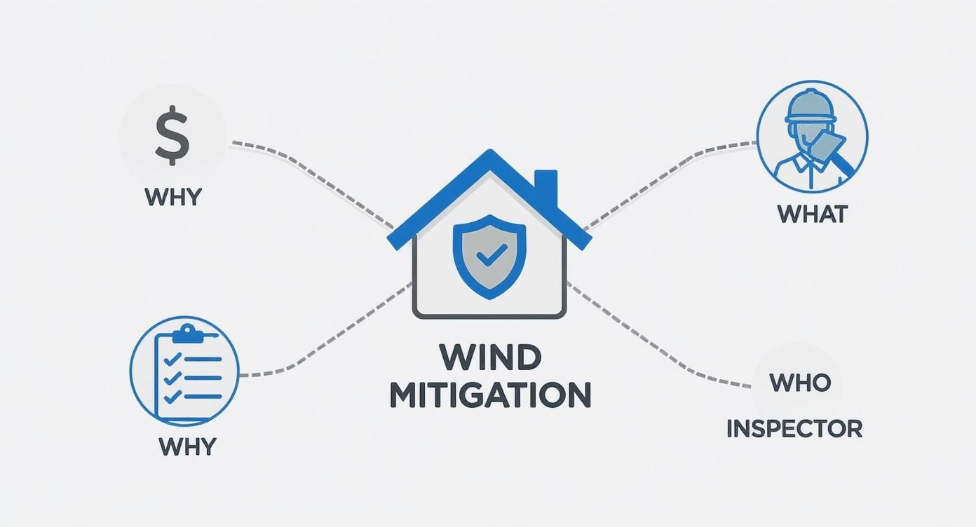 Diagram illustrating wind mitigation, outlining the why, what, and who involved in the process.