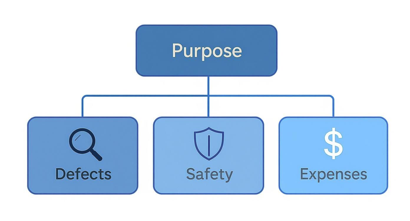 A business hierarchy diagram showing 'Purpose' connected to 'Defects', 'Safety', and 'Expenses'.