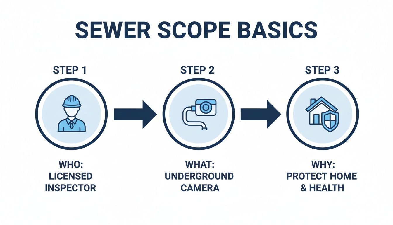 An infographic illustrating sewer scope basics, showing a licensed inspector uses an underground camera to protect home and health.