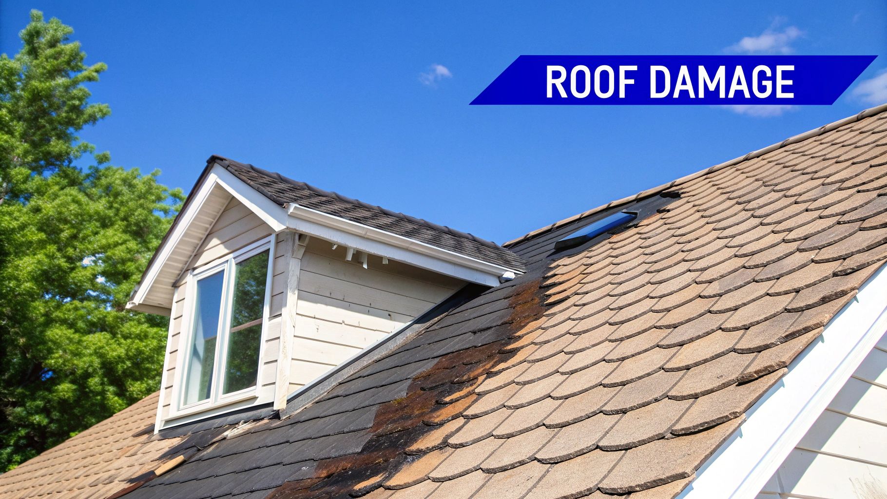A residential house with severe roof damage, showing missing and discolored shingles under a blue sky.