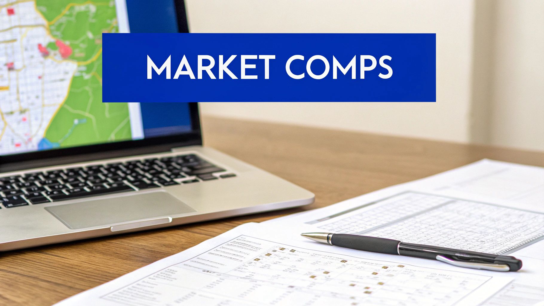 A laptop displaying a map, financial documents, and a pen on a desk with a 'MARKET COMPS' banner.