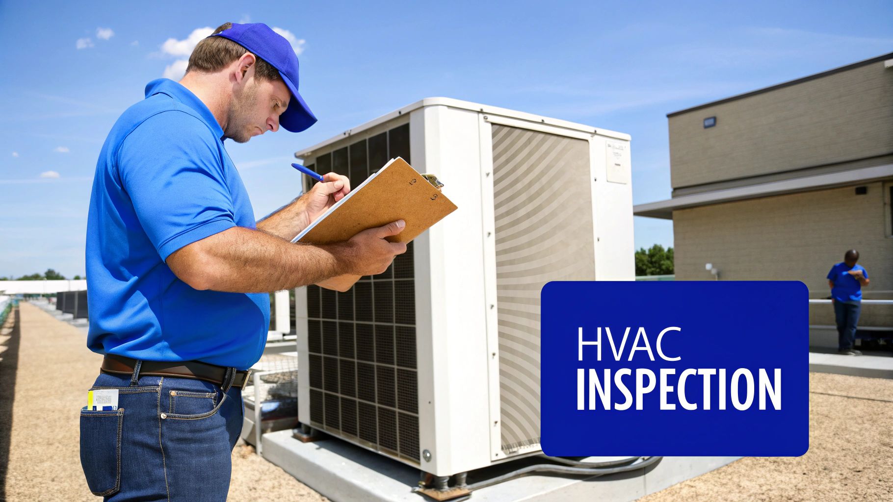 HVAC technician in blue uniform inspecting commercial rooftop air conditioning unit with clipboard