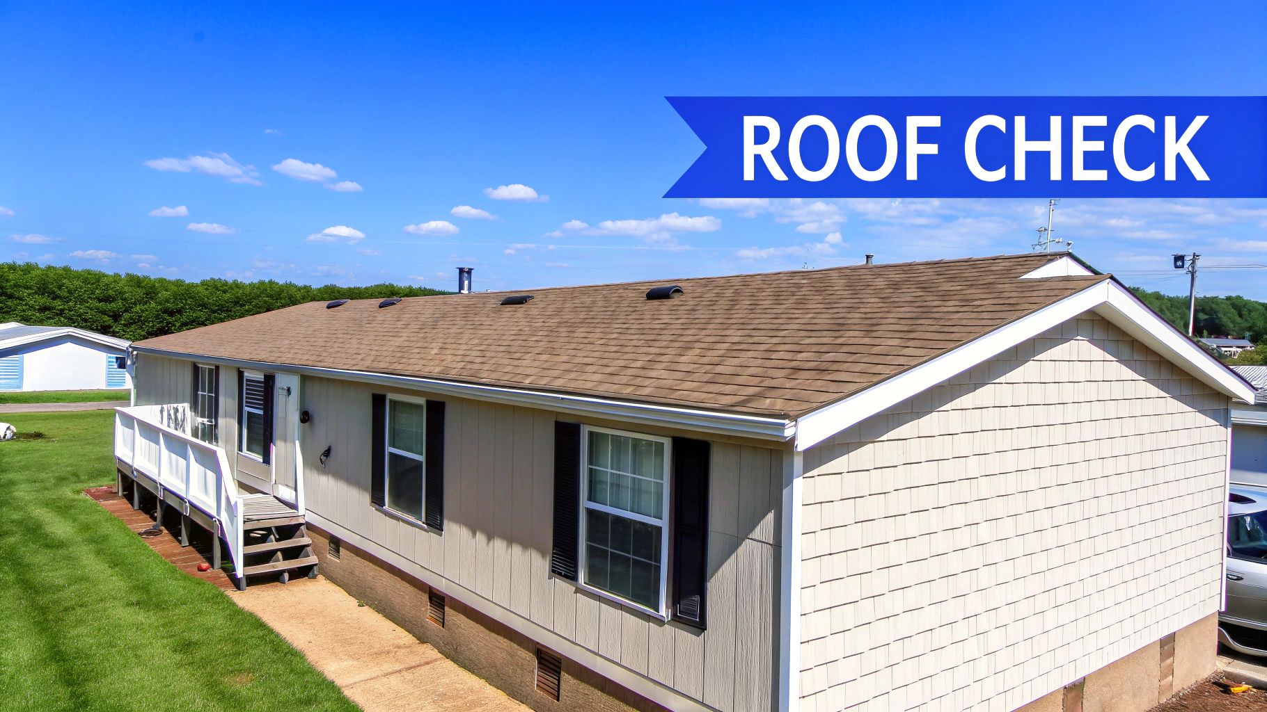 Aerial view of a mobile home with a brown shingled roof, a white deck, and green lawn.
