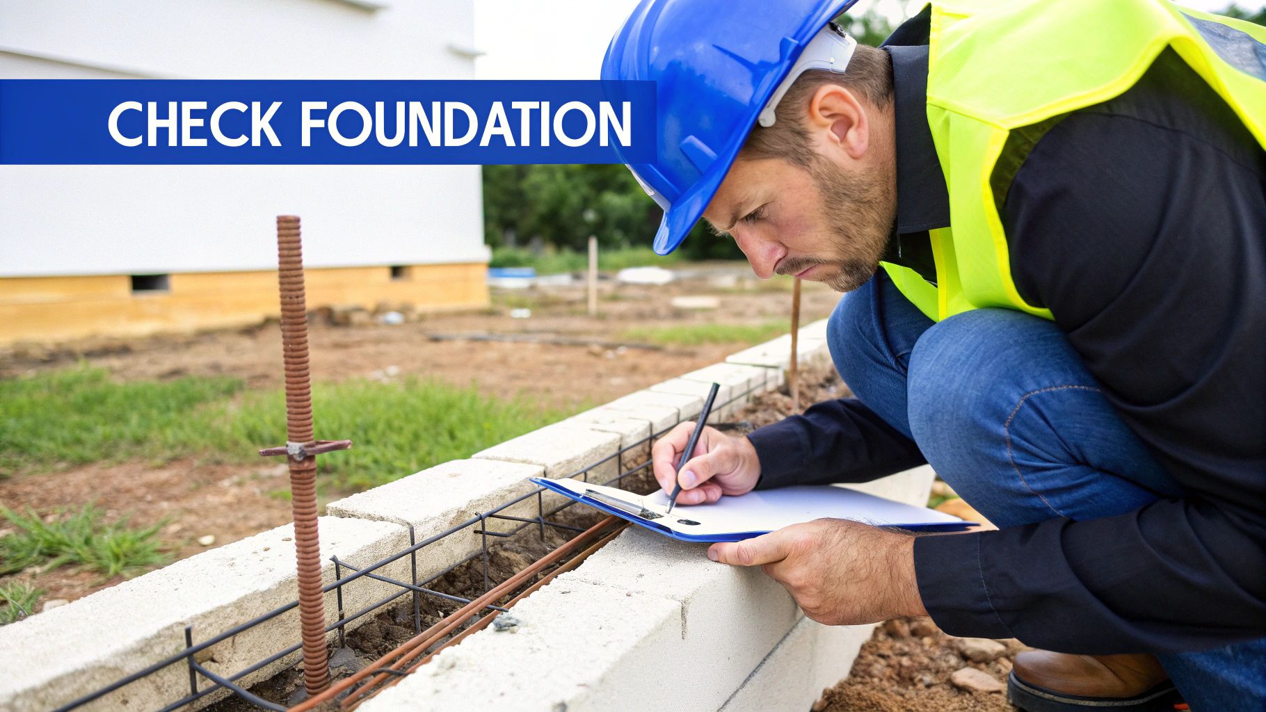 A construction inspector in a hard hat and safety vest checking a building's foundation, writing on a clipboard.