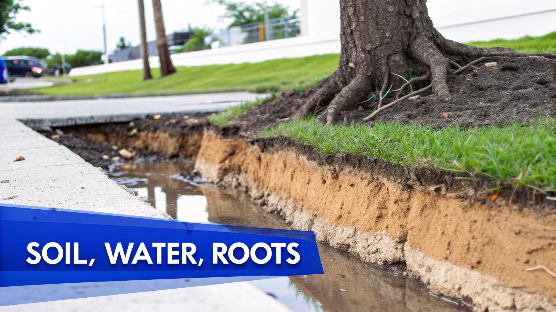 Erosion exposes distinct soil layers, water, and tree roots along a damaged sidewalk edge.