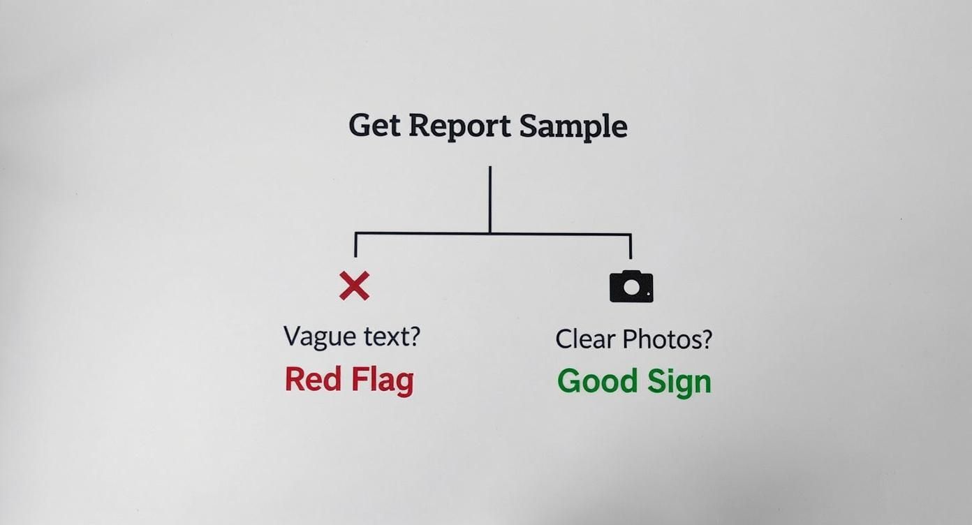 Diagram showing red flags versus good signs when evaluating home inspection report samples and photo quality