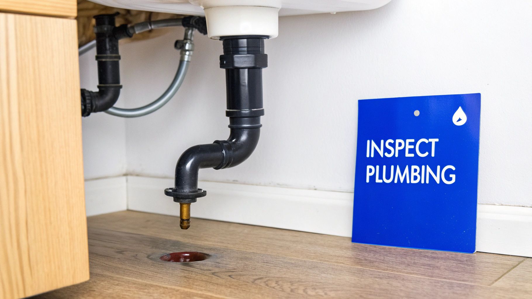 A blue sign reading 'INSPECT PLUMBING' stands next to sink pipes and a floor drain.