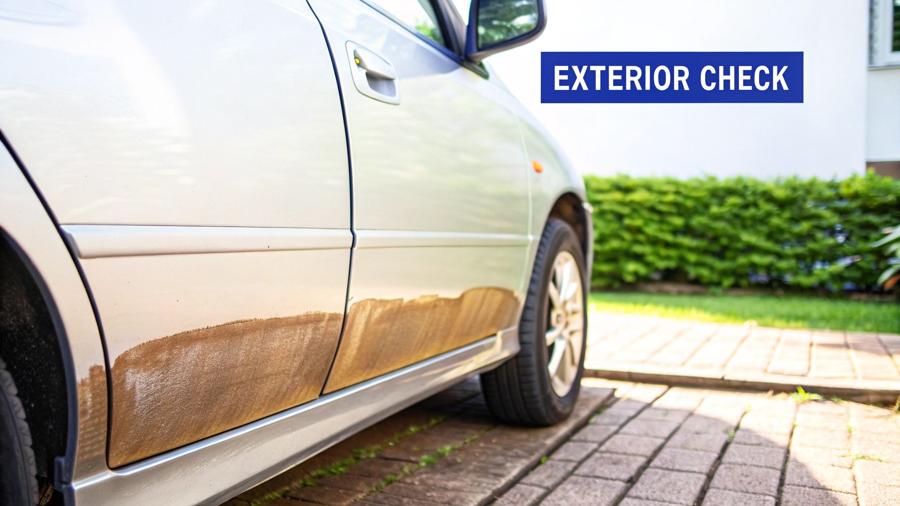 White car with muddy dirt stains on door and side panel during exterior inspection check