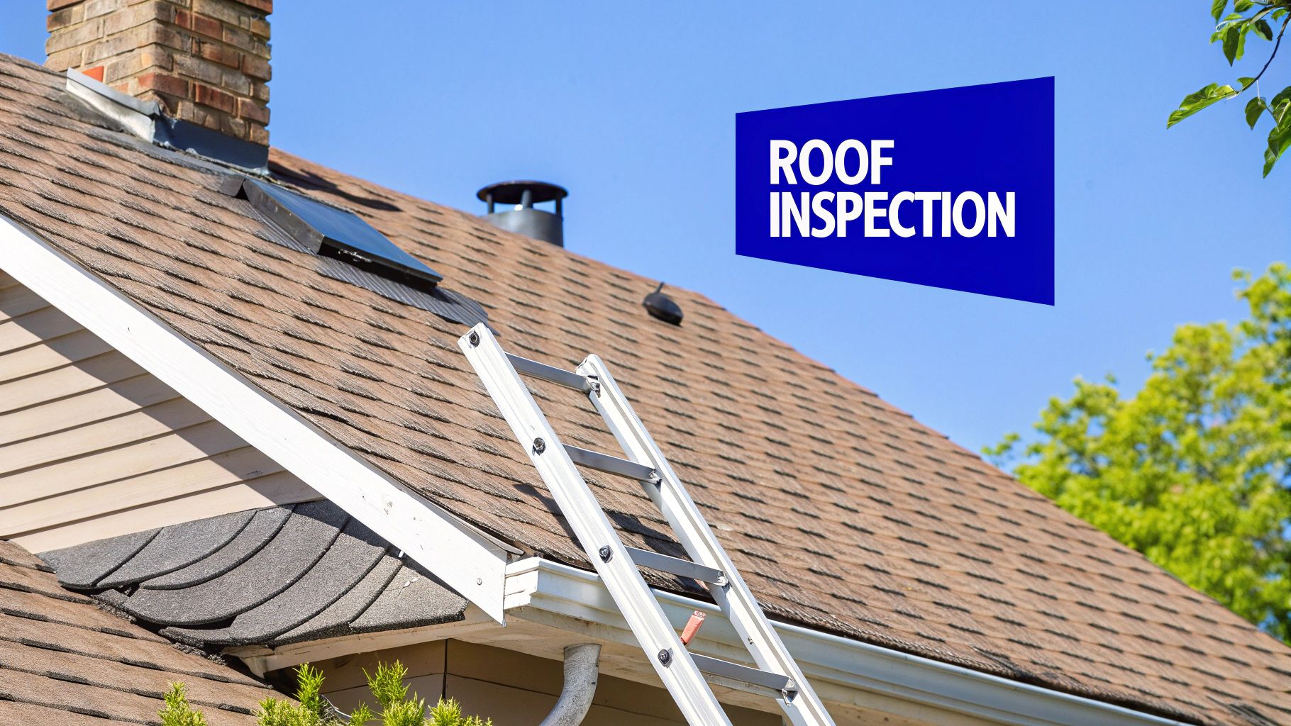 A ladder leans against a brown shingled roof with a chimney and skylight under a blue sky, indicating a roof inspection.