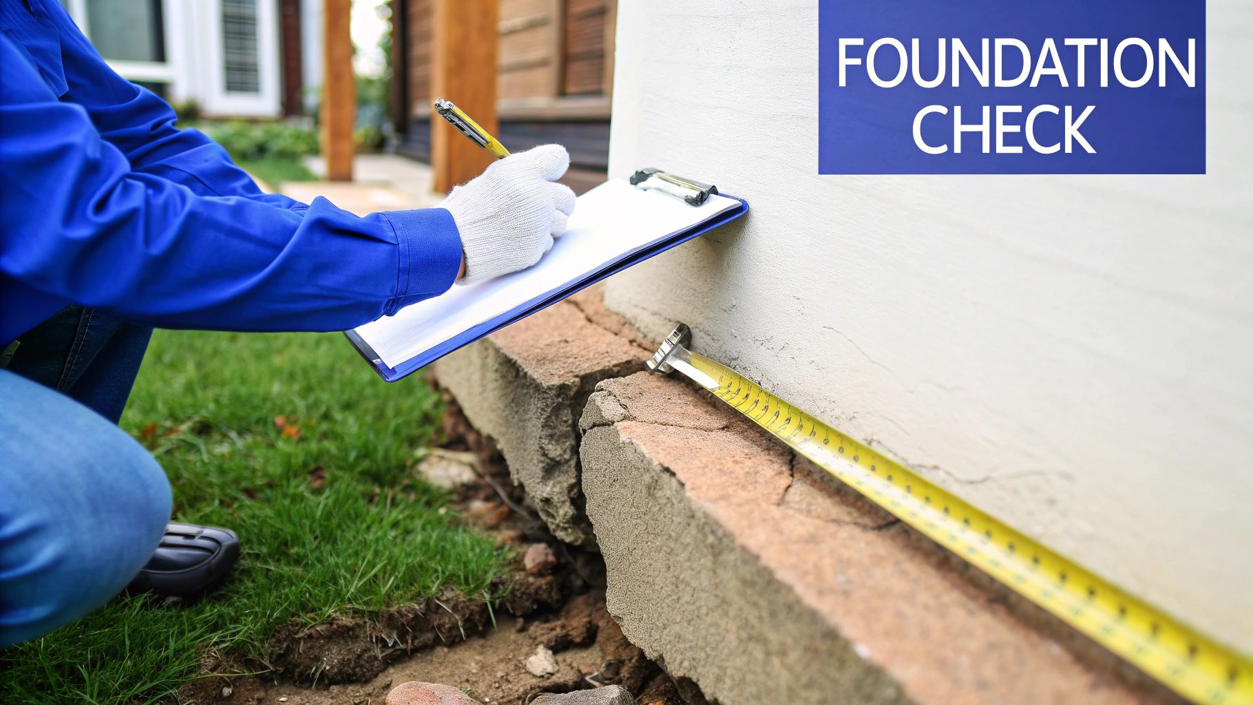 A professional inspector in blue checks a cracked house foundation with a clipboard and tape measure.