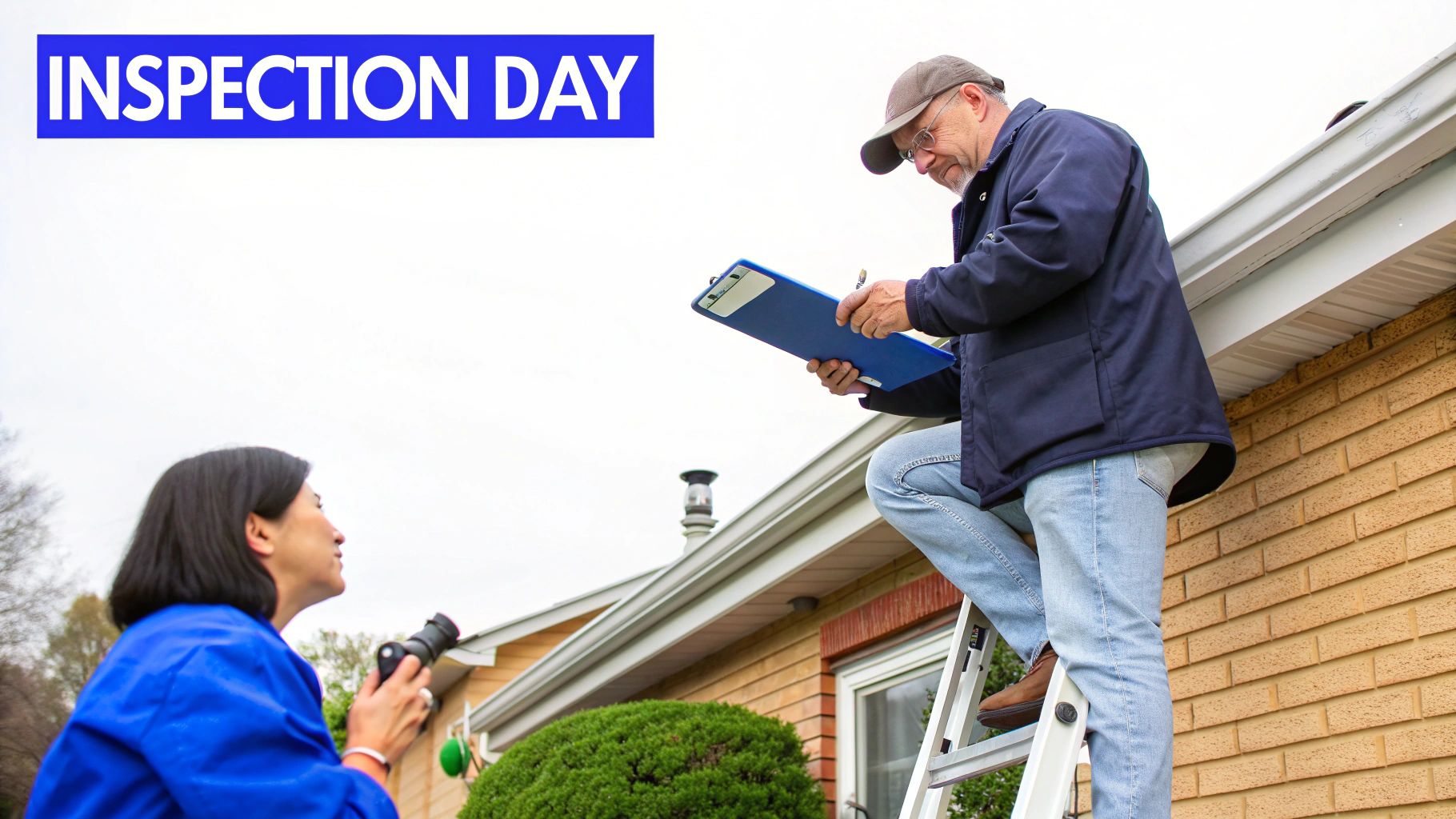 A man on a ladder inspects a house gutter while a woman watches with binoculars.