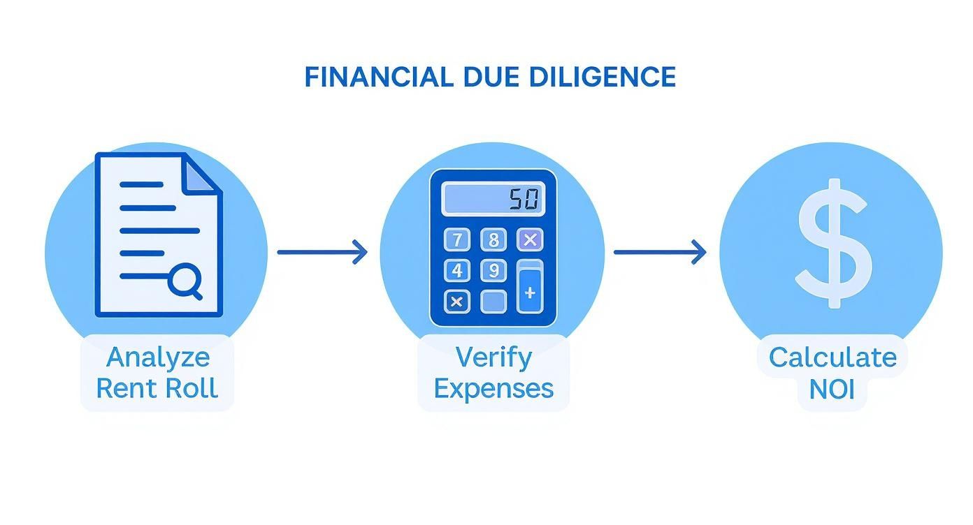 Financial due diligence process diagram illustrating steps: Analyze Rent Roll, Verify Expenses, and Calculate NOI.