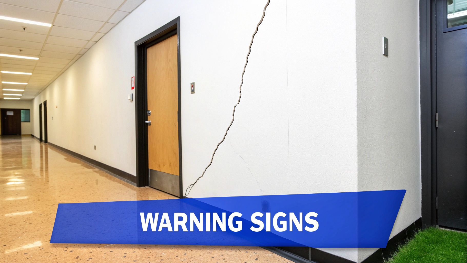 A long hallway with a severe crack in the white wall and a "WARNING SIGNS" banner.