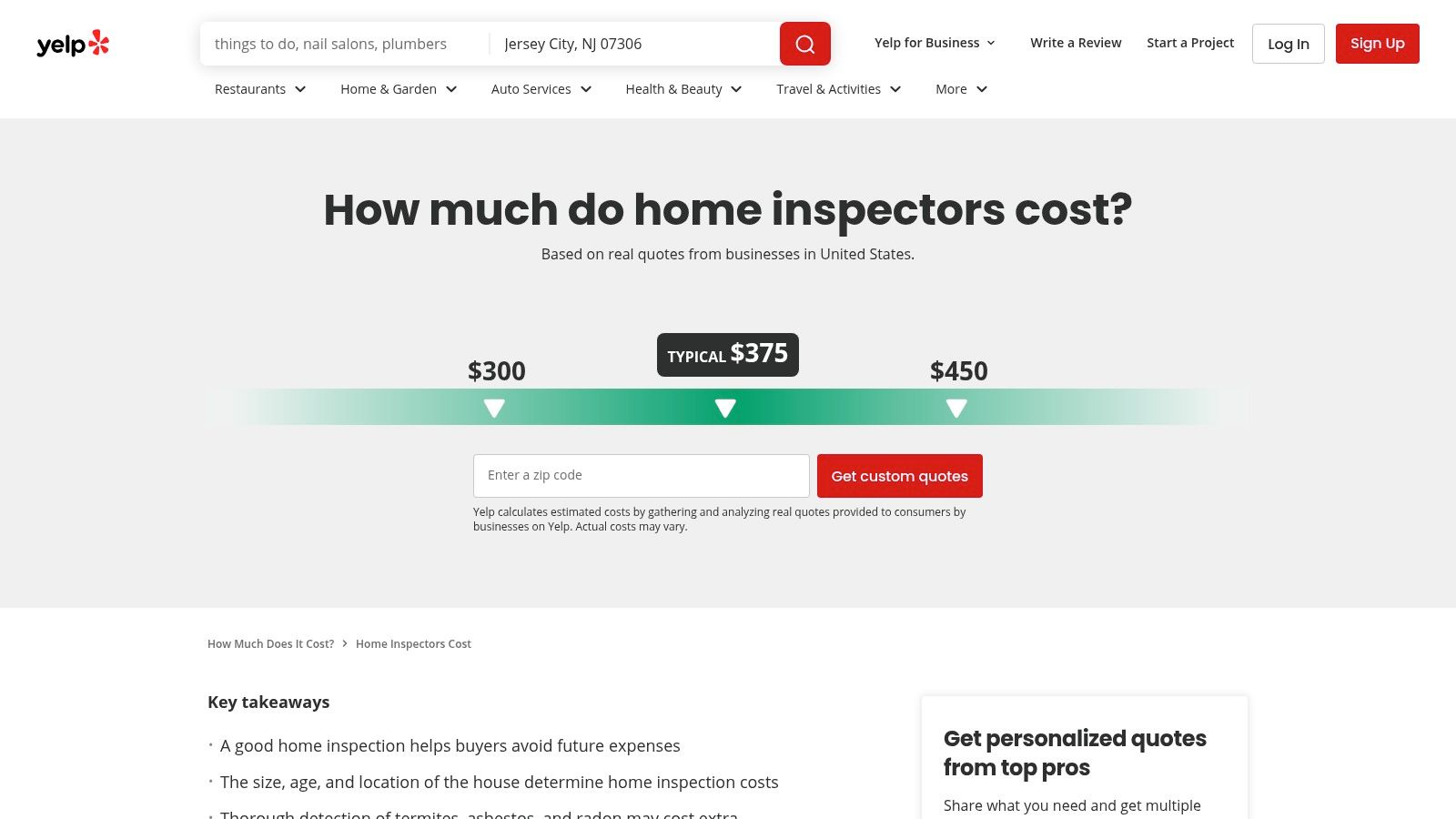 A screenshot of the Yelp cost guide for home inspectors, showing a national average price and factors that influence cost.